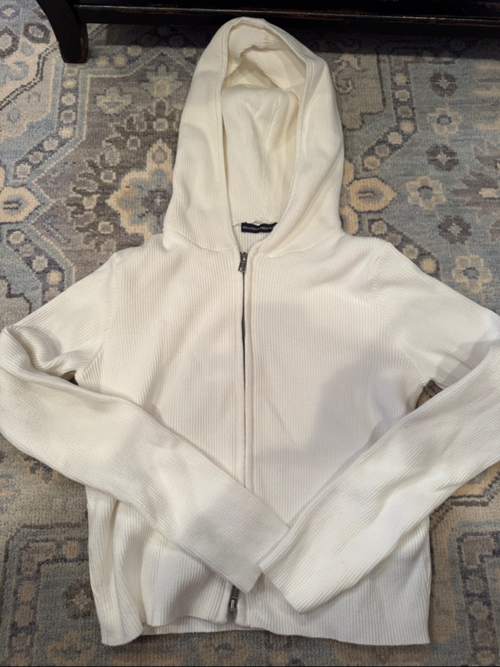 White Ribbed Zip-Up Hoodie